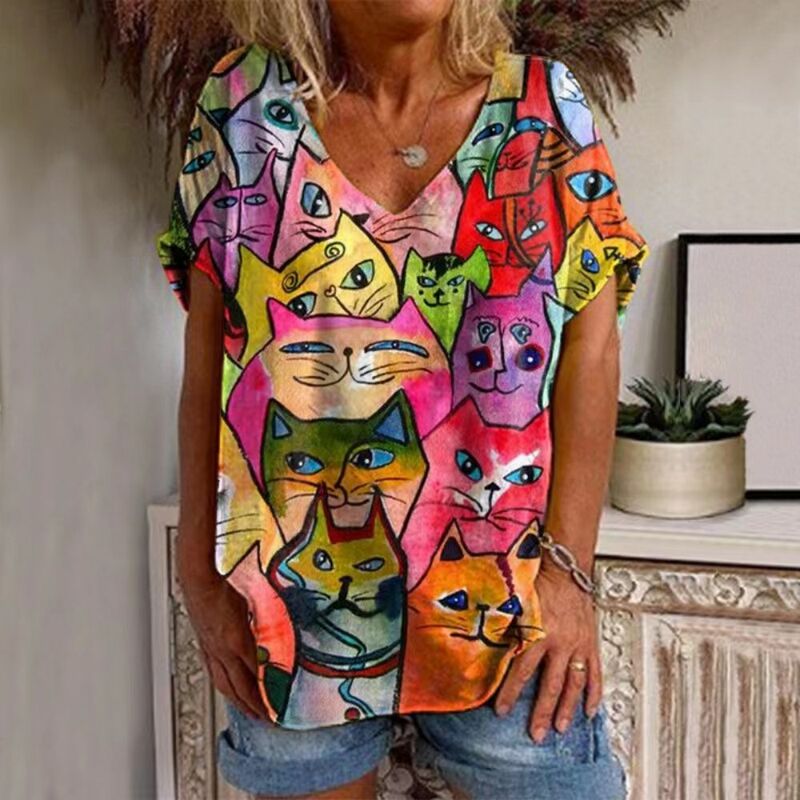 Camiseta informal con cuello en V para mujer, camisa con estampado de gato, Top suelto Vintage, ropa de calle para mujer, ropa de manga corta S-5XL