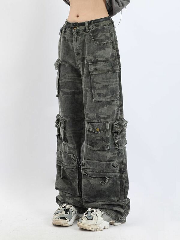 Retro Hip Hop Camouflage Cargo Broek Multi-Pocket Wassen Y2k Mode Hoge Taille Jeans Vrouw Paar Harajuku Casual Breed been Broek