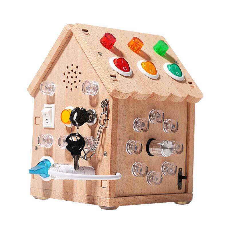 Wooden House Busy Board Montessori Toy Indoor Play Game Preschool Learning Kids Activity Sensory Board Toy for Toddlers Age 3 +