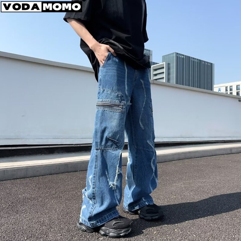 سراويل جينز مستقيمة كاجوال للرجال ، بنطلون واسع الساق فضفاض ، جينز كبير الحجم ، ملابس الشارع الهيب ، موضة Y2K هوب ،