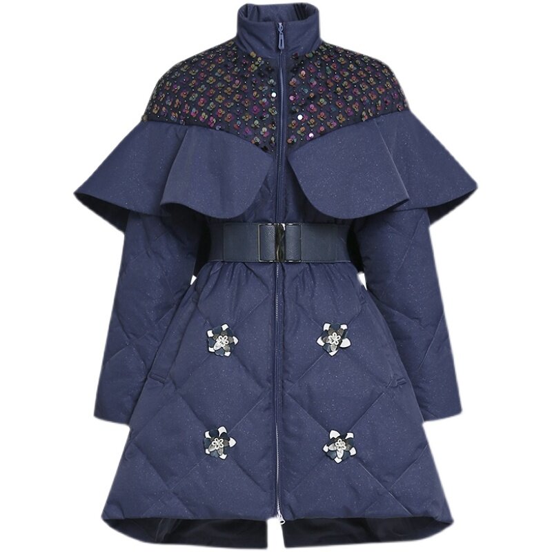 여성용 블루 스탠드 업 칼라 롱 코트, 화이트 덕 다운 재킷, 두꺼운 스팽글 코트, 겨울 패션, 신상
