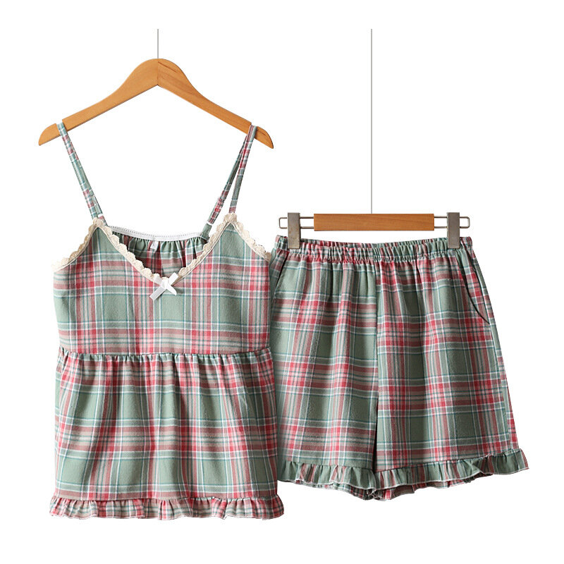 Piyama celana pendek Suspender kotak-kotak musim panas wanita Set pakaian tidur tali Spaghetti tanpa lengan segar kecil manis 2 potong