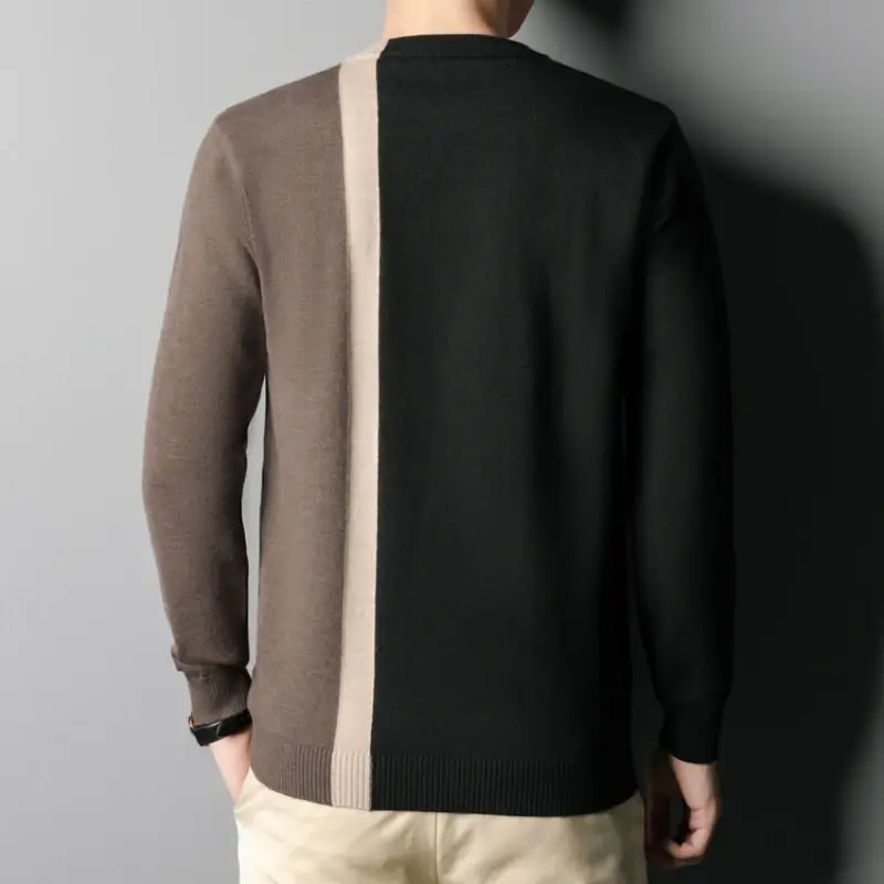 Pulôver de bloco colorido geométrico masculino, suéter mistura de lã, moda casual, camisa de camada baixa, malha