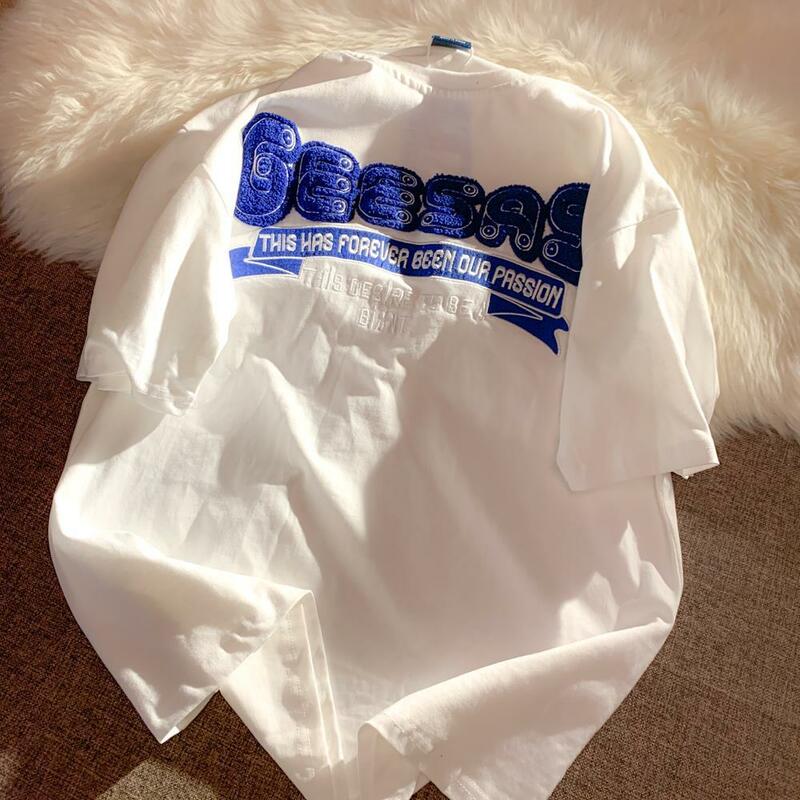 Camisetas bordadas de flocado azul Preppy para hombres y mujeres, Tops de manga corta de gran tamaño, Tops casuales de talla grande, moda de verano, Retro, Klein, 2022
