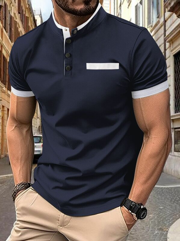 New men's high quality fashion polo shirt summer short sleeve plaid button solid color standing collar polo shirt short sleeve