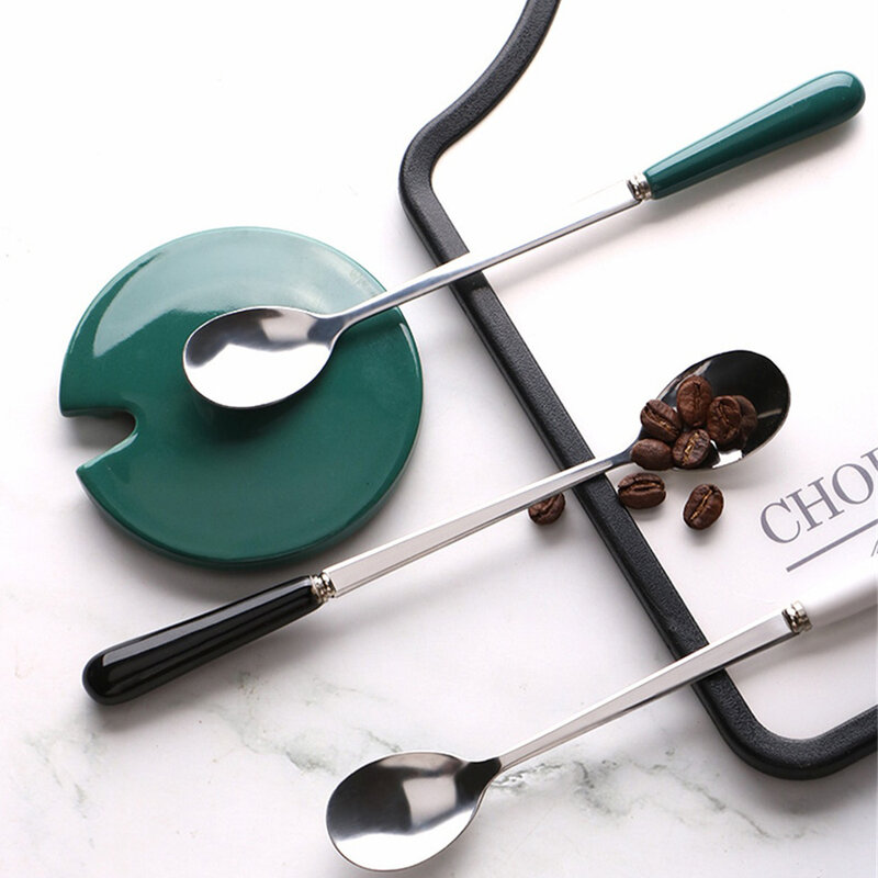 Cuchara de café de acero inoxidable con mango de cerámica largo, cuchara de helado, cuchara de postre, utensilios de cocina pequeños simples
