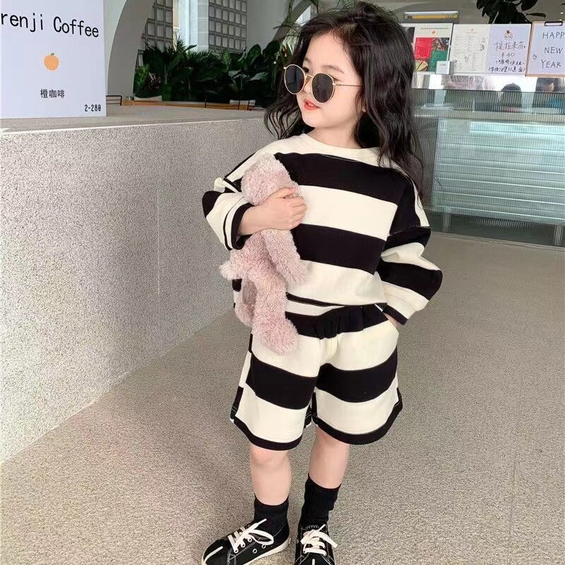 2024 Baby Girl Boy Cotton Striped Clothes Set Hoodie and Shorts 2pcs Infant Toddler Child Tracksuit Spring Autumn Summer 1-8Y