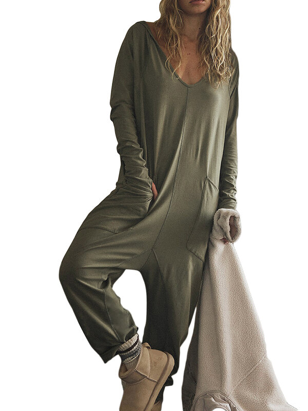 Women Pants Jumpsuit Solid Color Loose Long Sleeve Hoodie Romper with Pockets for Clubwear Streetwear