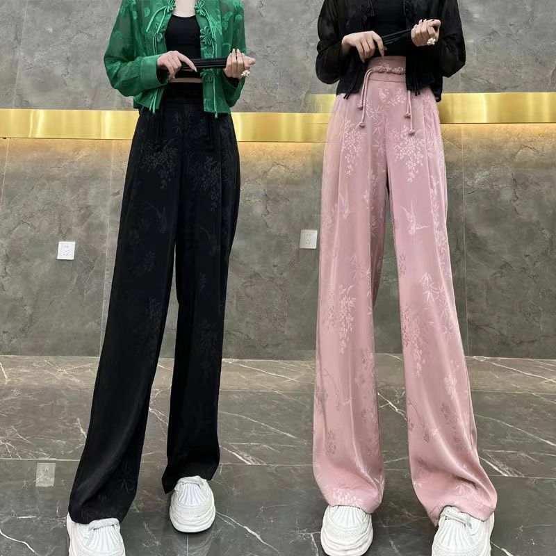 Calça jacquard de cetim de perna reta feminina, cortina de cintura alta, casual de perna larga, novo estilo chinês, verão, 2024