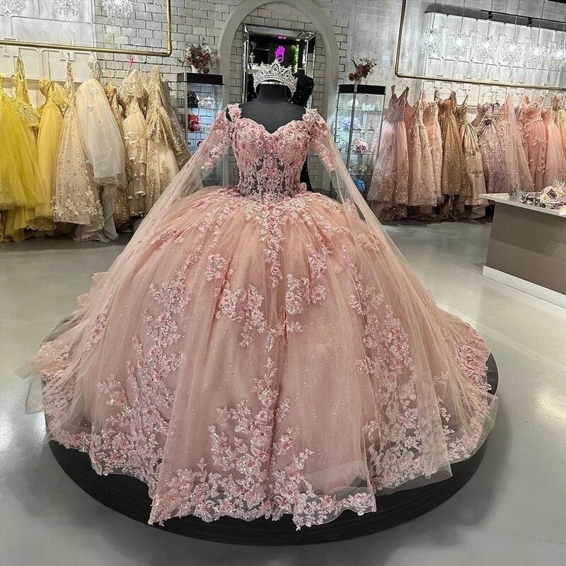 Różowe sukienki Quinceanera suknia balowa ukochana tiulowa aplikacje błyszczące słodkie 16 sukienek 15 Años meksykańskie
