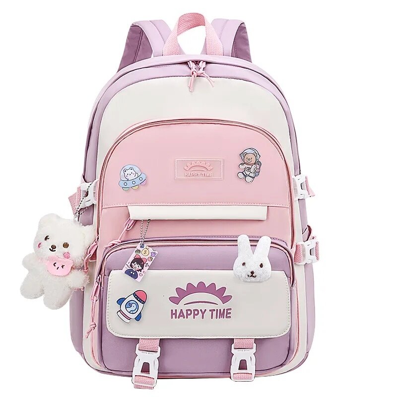 AIXIAORU Children Multi-Pocket Nylon School Bags for Girls Kids Backpack School Student Cute Bag Female Laptop Backpack Mochila