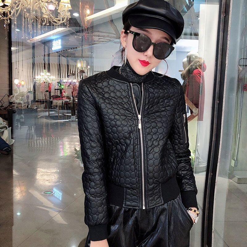 2024 Autumn New Women's Leather Coat O-neck Long Sleeve Short Outerwear Slim Motorcycle Jacket PU Leather Female