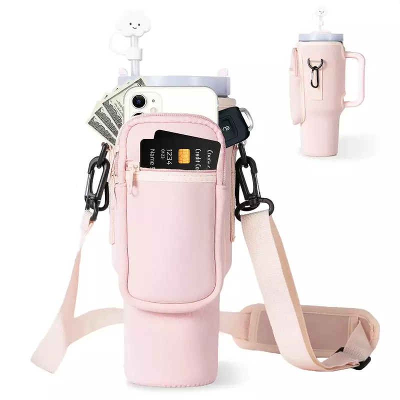紙吹雪用の電話ポケット付きウォーターボトルキャリアバッグ、ハンドル付きタンブラー、ホルダーポーチ、40オンス、1個