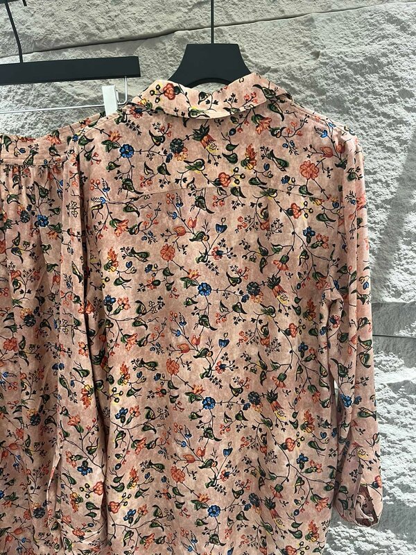 EVACANDIS-Camisa de manga comprida e saia midi para mulheres, estampa floral, 100% seda real, vintage, roupas de luxo elegantes, alta qualidade