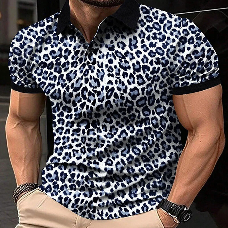 Camisa de lapela manga curta estampada leopardo masculina, tops confortáveis e respiráveis, streetwear, moda clássica, personalidade, verão, nova