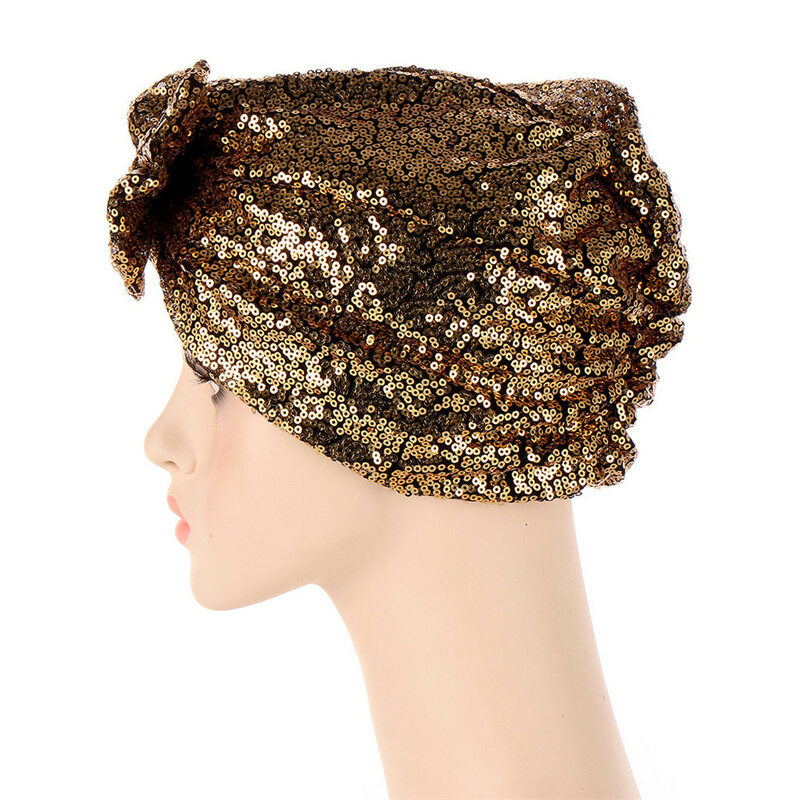 Turbante com lantejoulas glitter para mulheres, moda muçulmana, véu africano, lenço feminino, bonés hijab islâmicos, novo chapéu, 2024