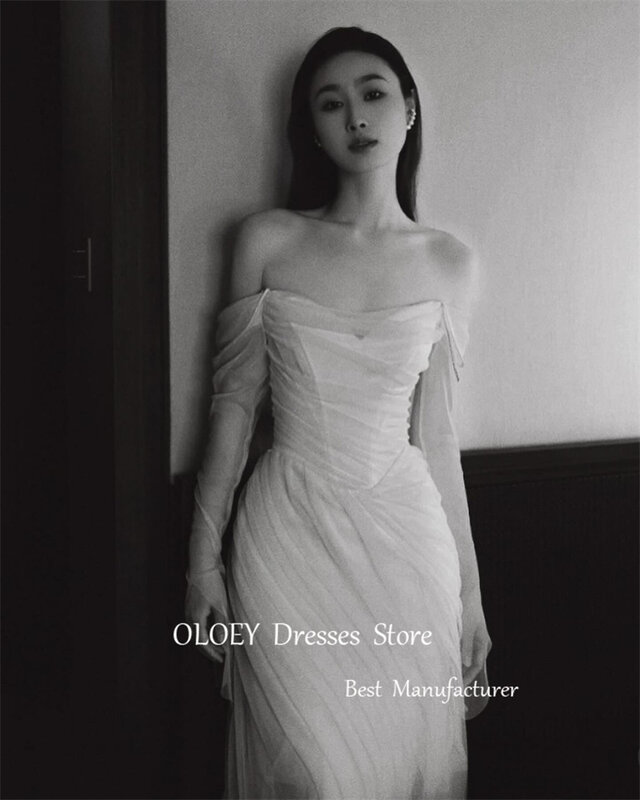 OLOEY-vestido de novia de manga larga con hombros descubiertos, vestido de noche Formal de hadas, línea A, tul suave, Simple, Corea