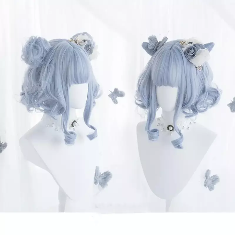 Perruque de Cosplay Lolita Anime, cheveux synthétiques courts bouclés, petits pains bleus, Clips de fête pour femmes, résistants à la chaleur
