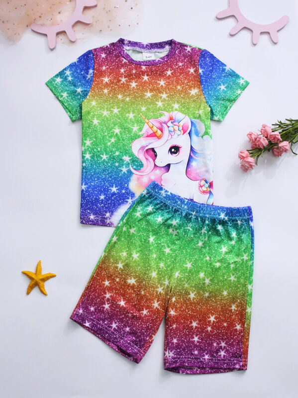 Girls 2pcs Gradient Colorful Unicorn Print Summer Cozy Loungewear, Short Sleeve Crew Neck T-shirt Top & Short Set, Sweet Pattern