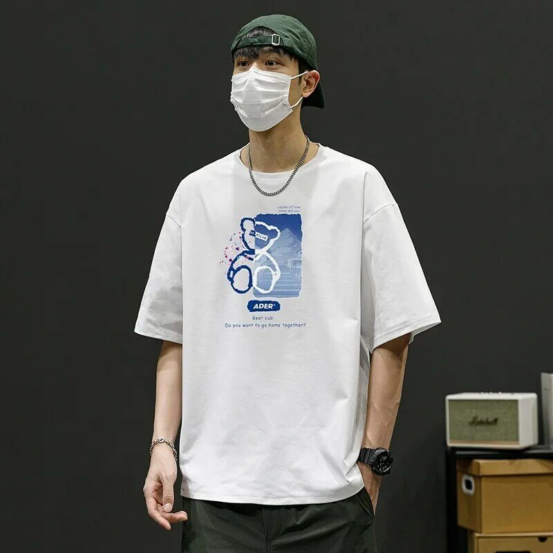 Camiseta masculina de manga curta estampada na rua alta, blusa casual solta com gola redonda, roupas da moda, novo, 2024