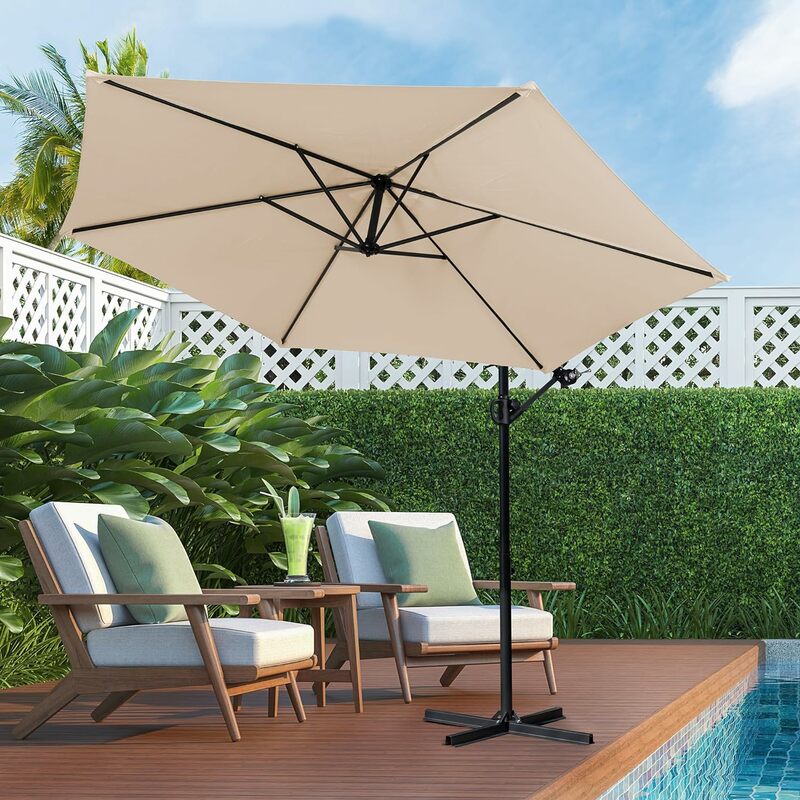 Paraguas de jardín inclinable plegable con manivela y base cruzada, adecuado para exteriores, patio trasero, uso de sombra de jardín