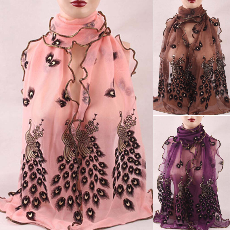 Lenços de seda femininos, Estola de Pavão Senhora, Xale Longo Transparente, Envoltório de Chiffon Macio, Moda, 190x40cm, 1Pc