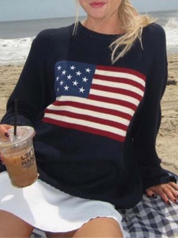 Y2K 여성용 겨울 빈티지 럭셔리 미국 국기 니트 스웨터, 미학 긴팔 스웨터, 오버사이즈 풀오버 상의 의류