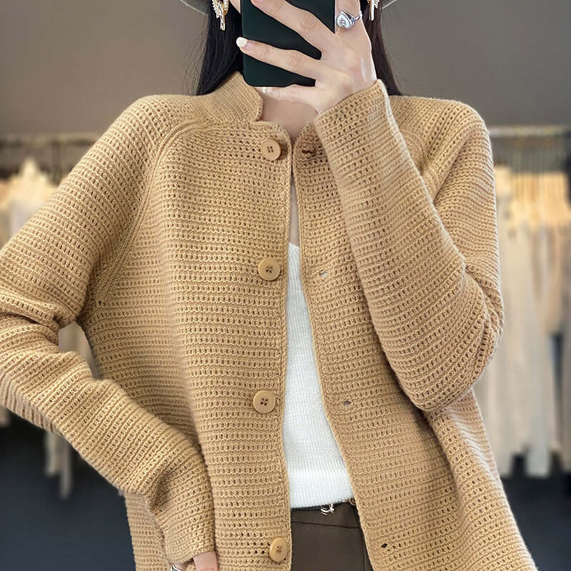 Fall/Winter  New ladies stand collar 100% wool cardigan hollow thin sweater loose fashion knit top