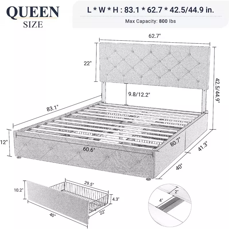 Allewie Upholstered Queen Size Platform Bed Frame with 4 Storage Drawers and Headboard, Diamond Stitched Button Tufted, Mattress