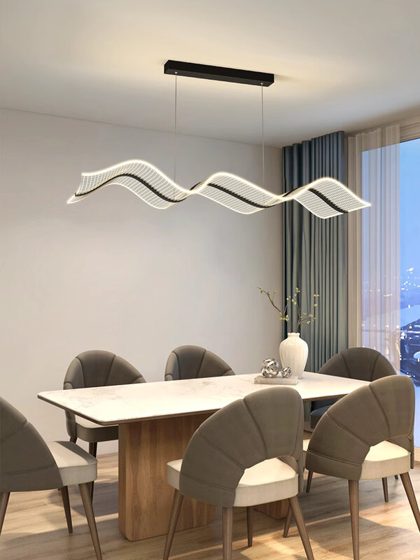 Lampu gantung Restoran gelombang LED, lampu gantung cahaya putih hitam untuk ruang tamu dapur dekorasi rumah meja dalam ruangan