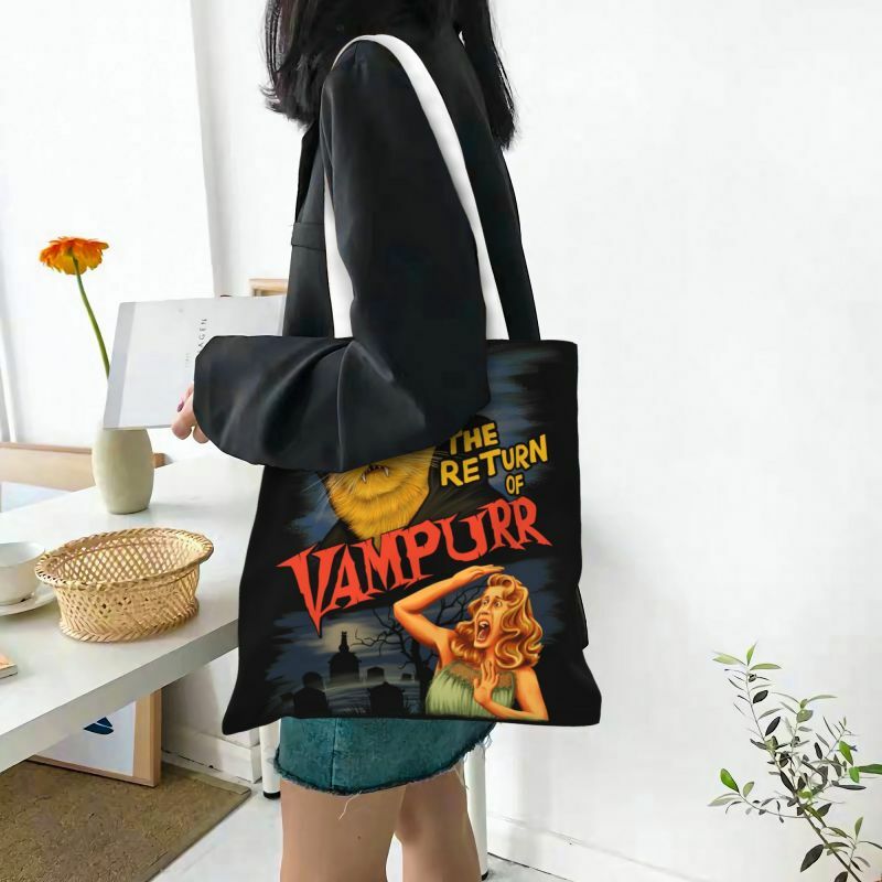 Bolsos de lona personalizados con diseño de gato Vampurr para mujer, bolsas de lona duraderas para compras de comestibles