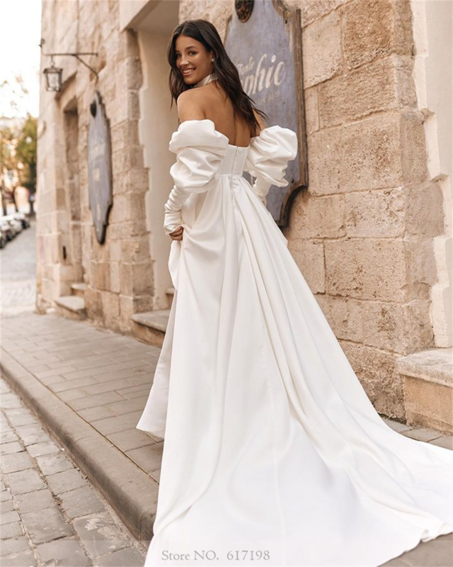 Vestido de casamento plissado cetim com manga removível, fora do ombro, vestidos de casamento sereia para nupcial, sexy