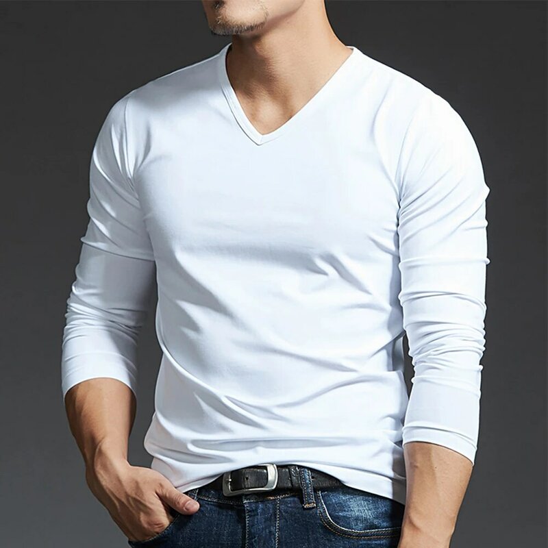 Camiseta interior de manga larga para hombre, Jersey ajustado con cuello en V, cómodo, a la moda, de verano, Otoño e Invierno