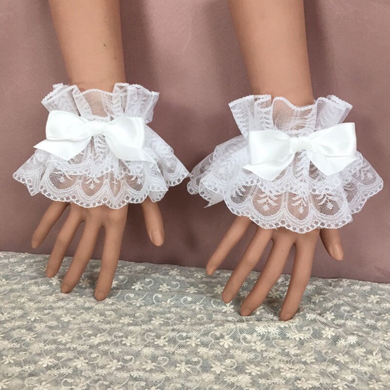 Women Lolita Hand Sleeve Wrist Cuffs Ruffled Lace Bowknot Maid Cosplay Bracelet