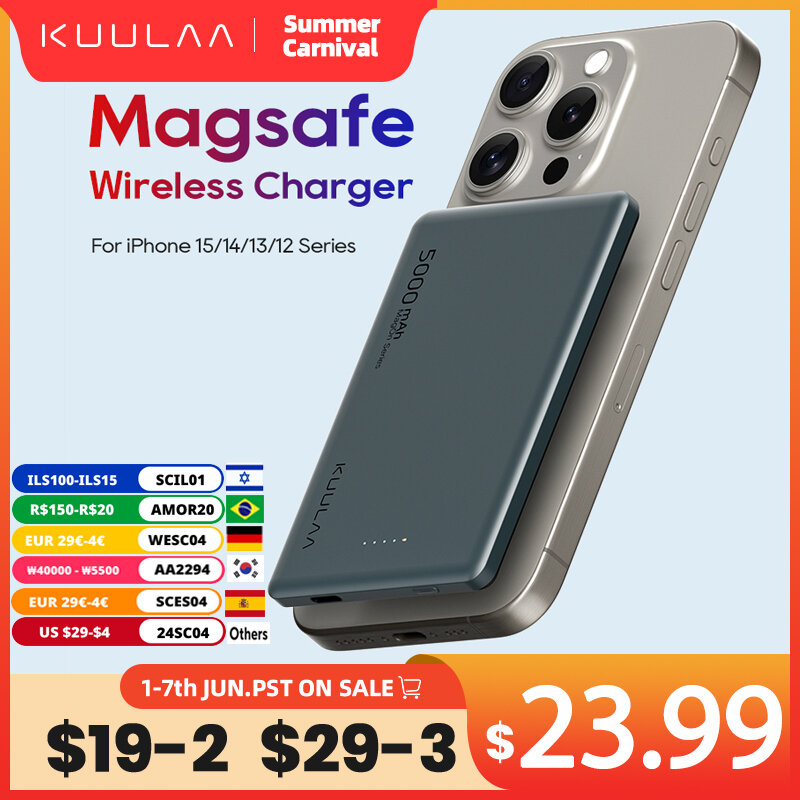 KUULAA-carregador magnético sem fio, banco de energia Magsafe, bateria externa, carregamento rápido, iPhone 15, 14, 5000mAh, 20W