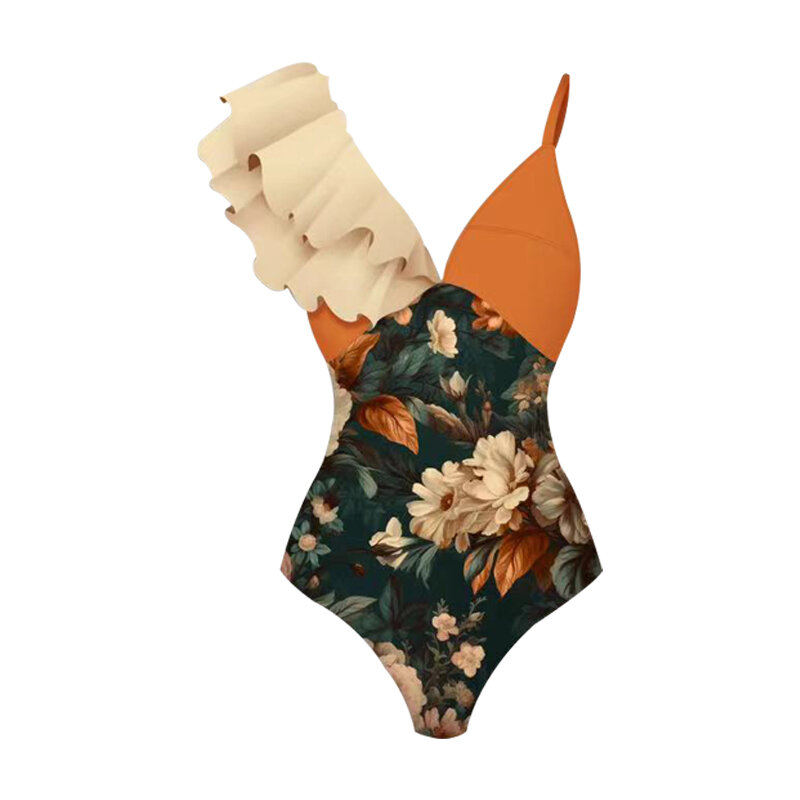 Maiôs de banho feminino de peça única estampa floral, biquíni em V profundo, roupa de praia do verão, roupas de banho femininas, 2021