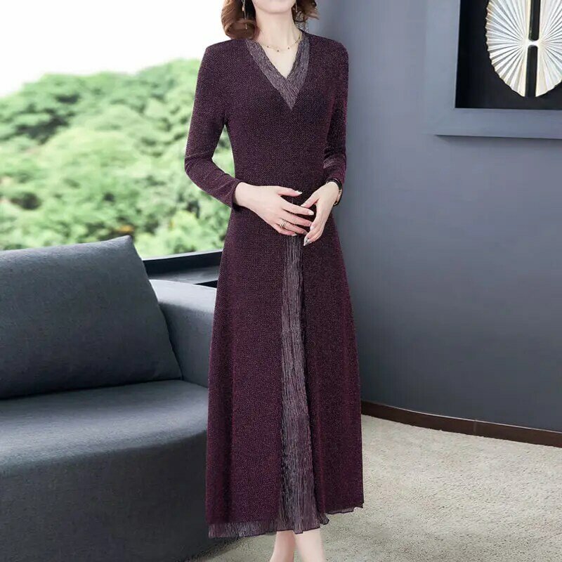 Moda elegante nova cor sólida retalhos com decote em v vestido de manga comprida outono inverno império vintage magro roupas femininas 2022