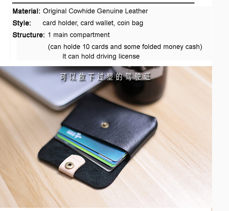 100% Handmade Vintage Crazy Horse Genuine Leather Card Holder Wallet Men's Credit Cover Large Capacity Black MC-913