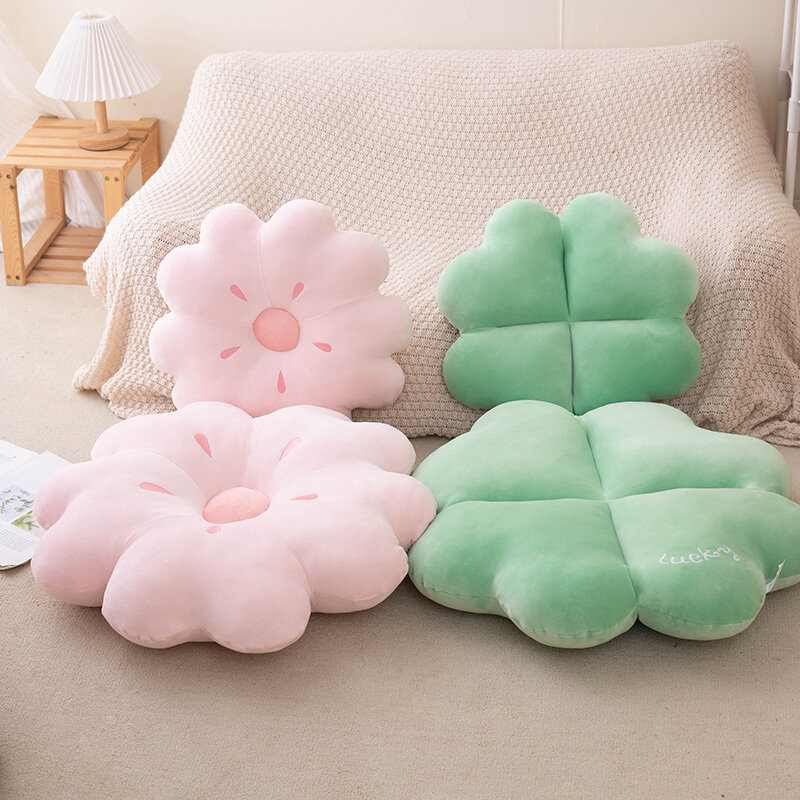 Cute Four Leaf Clover Cherry Blossoms Plush Pillow Kawaii Stuffed Flower Plant Toy Chair Sofa Cushion Home Decor Girls Gifts