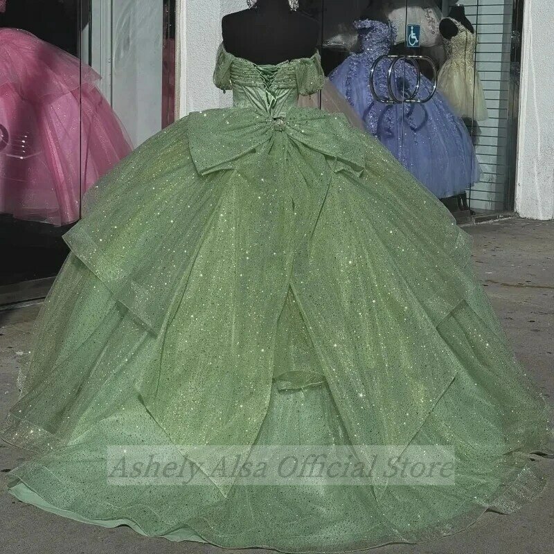 Vestido Quinceanera fora do ombro, Princesa vestido de baile, cova real, verde limão, laço de renda, doce 16 anos, 15 xv