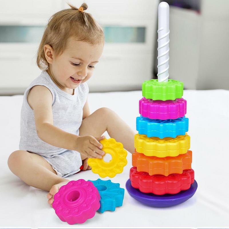 Mainan roda berputar pelangi mainan menara susun warna-warni mainan edukasi Montessori mainan sensorik untuk anak-anak hadiah ulang tahun yang bagus