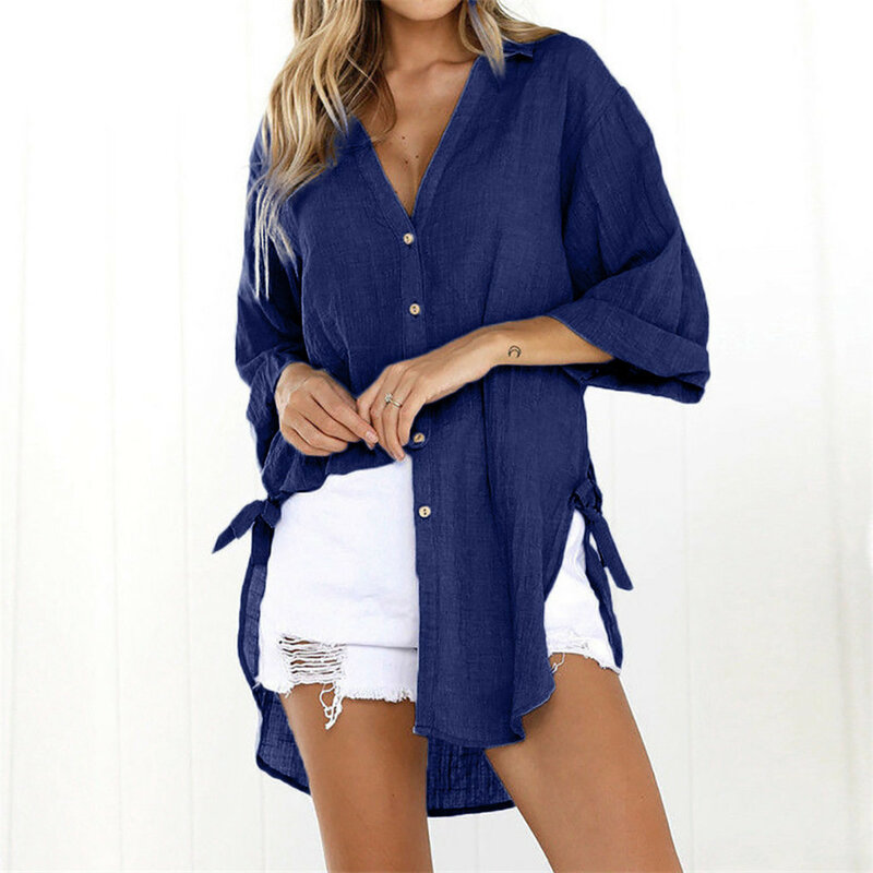 Рубашка женская свободного покроя с длинным рукавом, модная блуза из хлопка и льна в винтажном стиле, однотонная блузка на пуговицах с отложным воротником