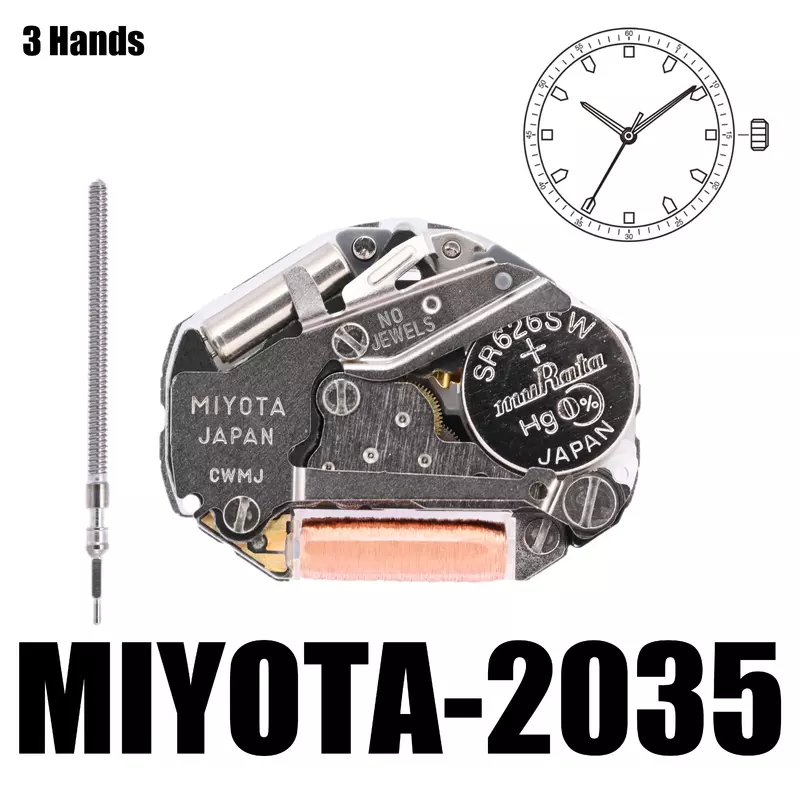 Miyota Standard Quartz Movements Branco, Tamanho de 3 Mãos, 3, 4x8 '', Alto 3.15mm, Your Engine, Movimento Metal, Feito no Japão, 2035