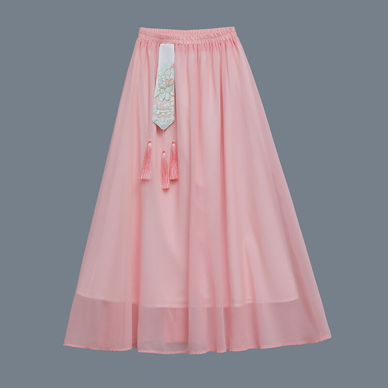Женская шифоновая юбка Hanfu в старинном китайском стиле, юбка с бахромой и вышивкой в национальном стиле, с эластичным поясом, для косплея Jk