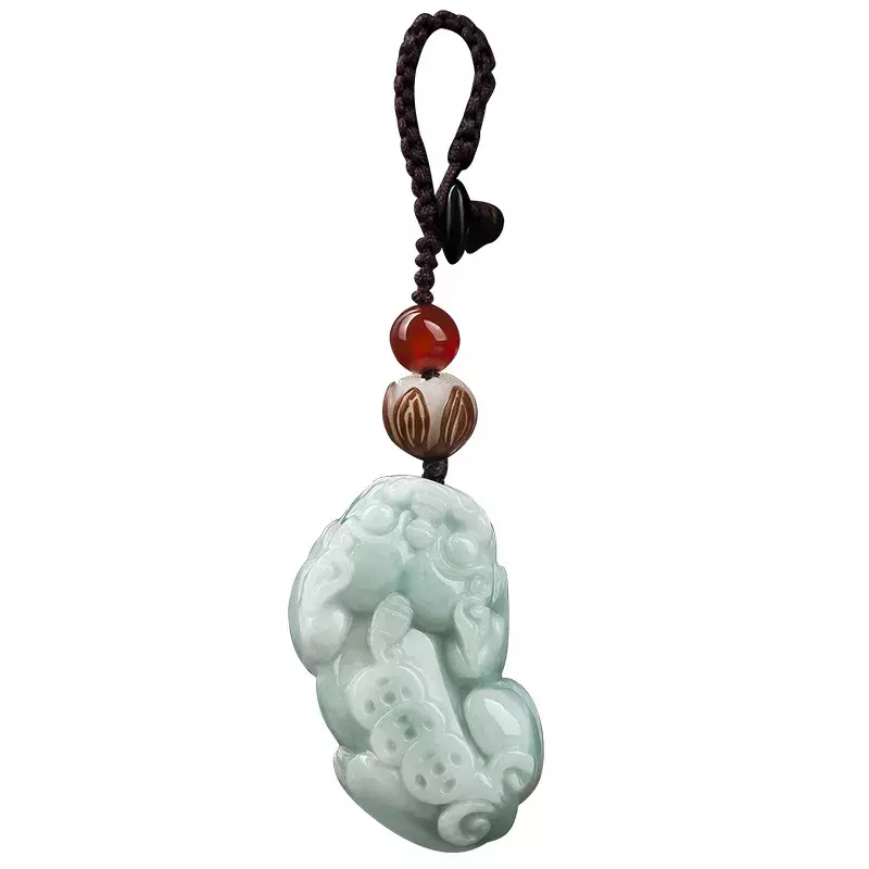 LLavero de Jade birmano Pixiu para bolso, amuleto de moda de diseñador de Esmeralda para teléfono, verde Natural jadeíta, lindo, pulsera