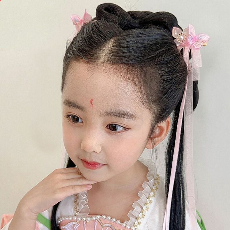 Aksesori rambut bunga mutiara, ornamen Hanfu pita panjang gaya China jepit rambut anak-anak jepit rambut anak perempuan