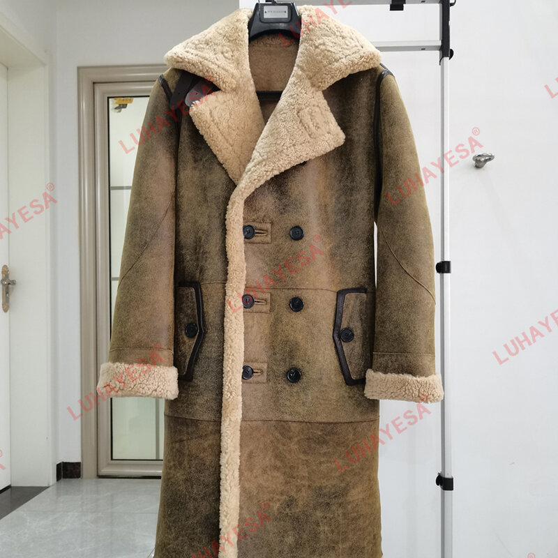 Casaco de pele de carneiro de couro genuíno masculino, casaco grosso longo, pele de carneiro shearling, outwear casual masculino, luxo, inverno, 5XL