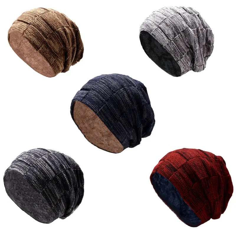 NEW Winter Neck Warmer Knitted Hat Scarf Set Fur Wool Lining Thick Warm Knit Beanies Balaclava Winter Hat Men Cap Casual 1 Set