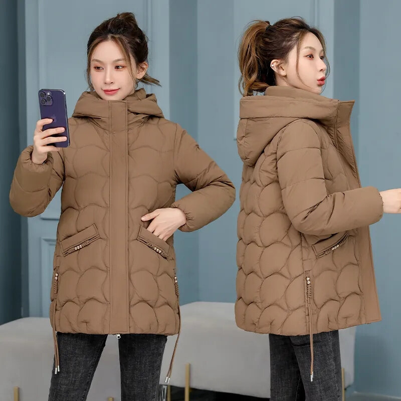 2023 neue koreanische Mode elegante Frauen gepolsterte Baumwoll mäntel Kapuze Parkas Meidum lange warme Winter jacke Puffer Mantel