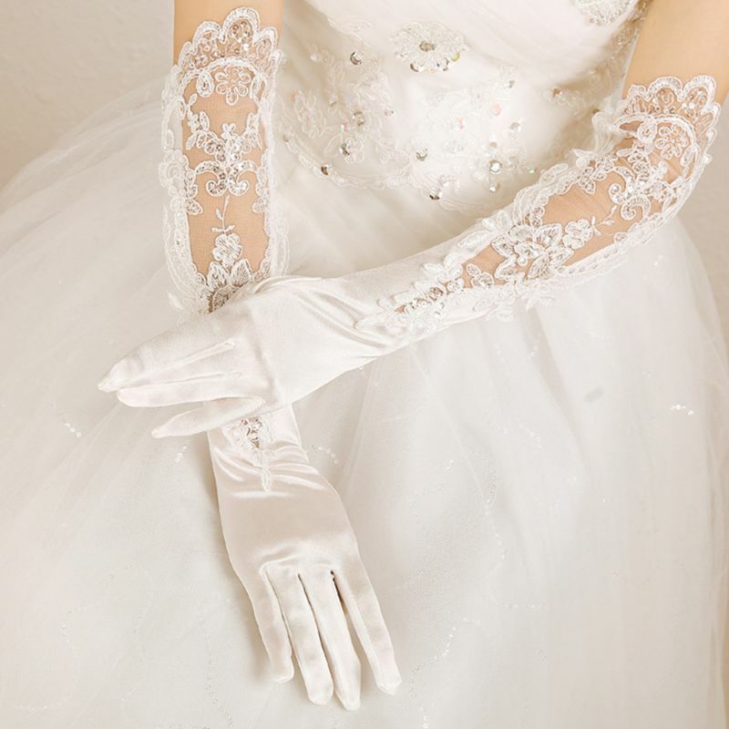 ผู้หญิงซาตินข้อศอกถุงมือยาว SHEER Sequins Lace งานแต่งงาน Mittens Drop Shipping